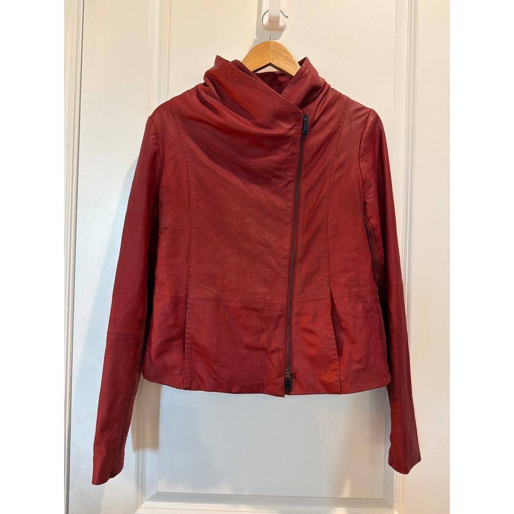 Vince Red Goat Leather Draped Funnel Neck Asymmetric Zip Jacket Large RN106730